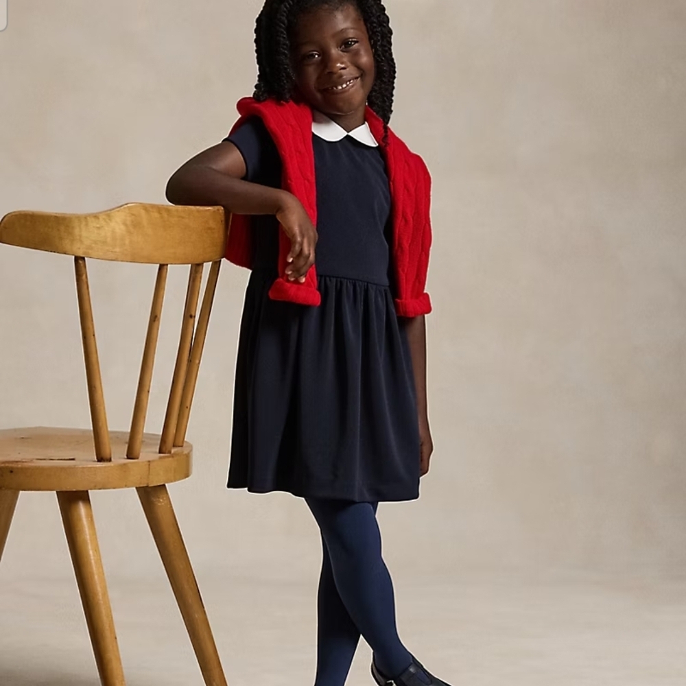 Polo Ralph Lauren Girls Collared Crepe Dress Navy Blue Size 5 Schoolgirl Preppy